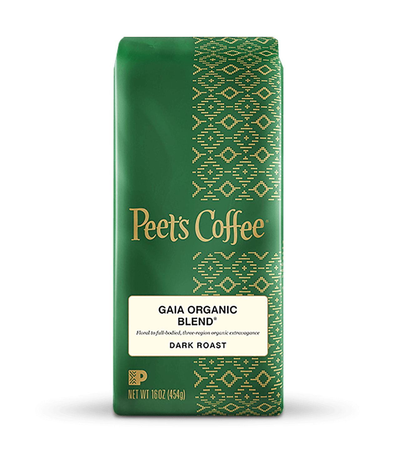 Peet's Coffee Gaia Organic Blend Dark Roast Coffee beans in a green 16 ounce bag